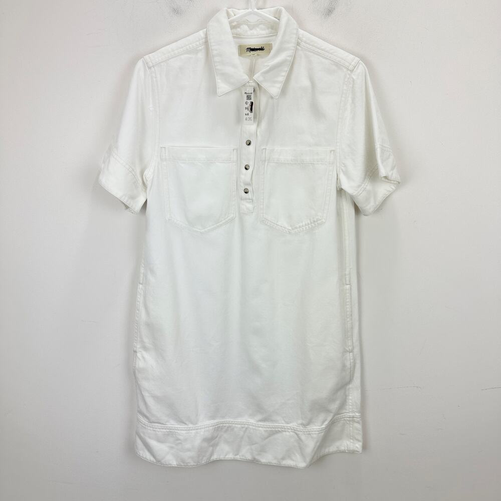 Madewell Denim Popover Dress Shift Pockets Casual Pure White Minimalist S NWT - Picture 7 of 14